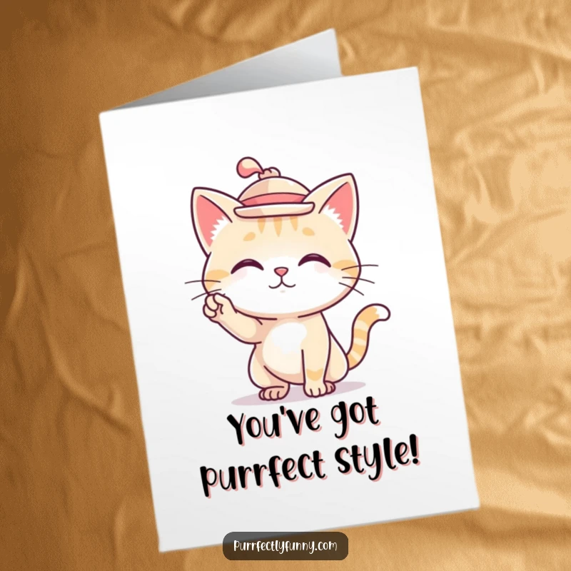 Free Printable Congratulations Card: A cat character adorned with a tiny hat, striking a dramatic and fashionable pose.