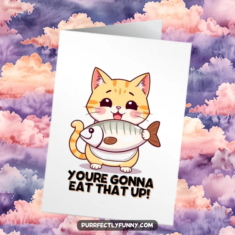 Funny Free Printable Congratulations Card: Eager cat wearing a bib, eyes wide for a comically large fish treat, a winning downloadable card.
