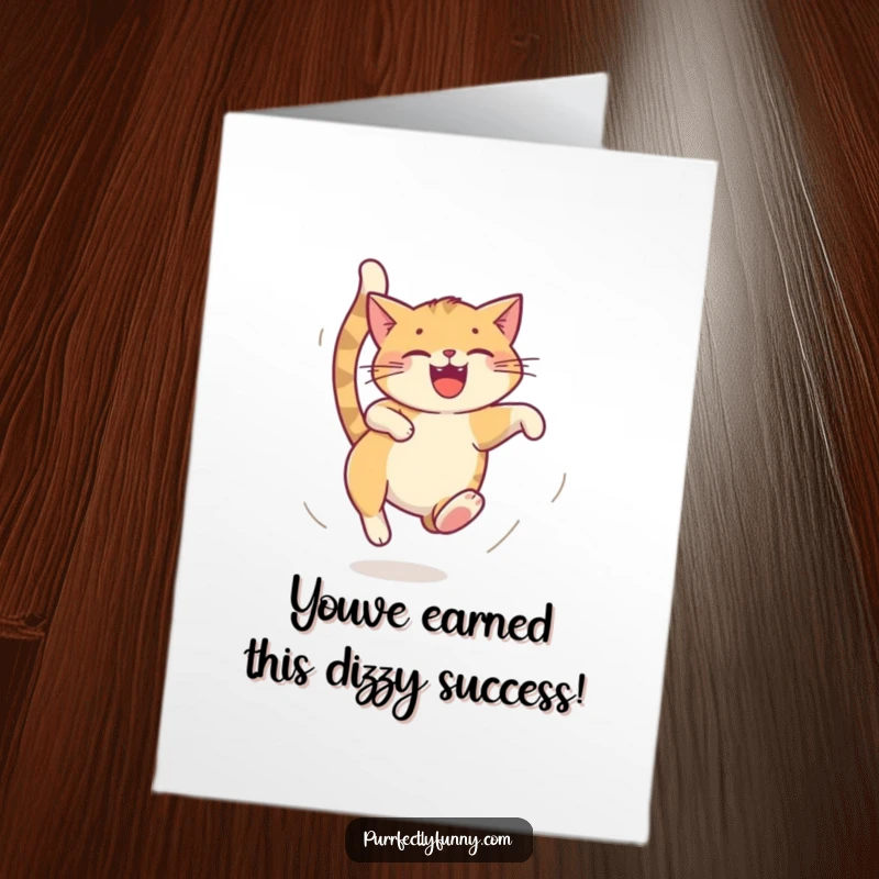 Funny Free Printable Congratulations Card: A cat is a blur of motion, joyfully chasing its tail in a circle. Downloadable fun.