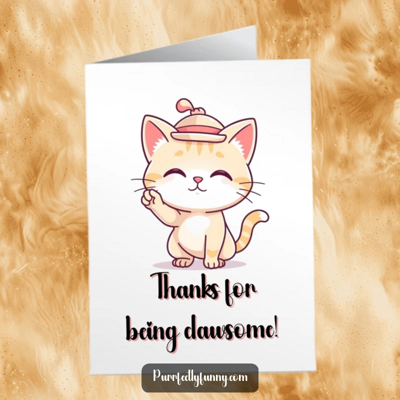 Free Printable Thank You Card: A sophisticated cat wearing a miniature hat and striking a poised, picture-perfect pose.
