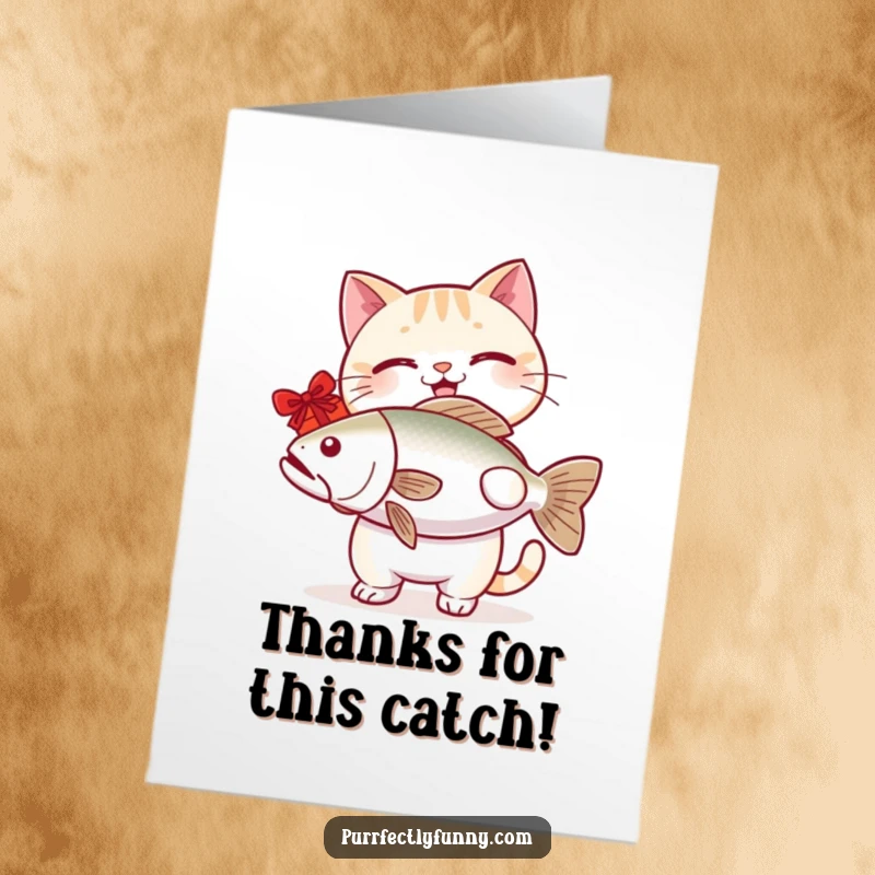 Funny free printable thank you card depicting a cheerful cat presenting a large fish as a token of appreciation.