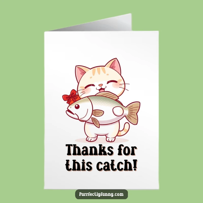 Free Printable Thank You Card: Cat Giving Fish Gift, Humorous Downloadable Appreciation