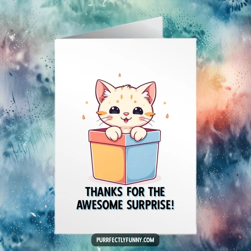 Funny Free Printable Thank You Card: A Cat Character Bursting Out of a Vibrant Gift Box