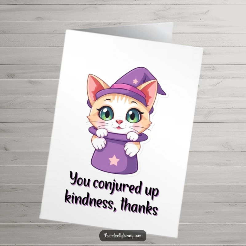 Funny Free Printable Thank You Card: Cat with large, curious eyes looking into a magic hat, full of wonder.