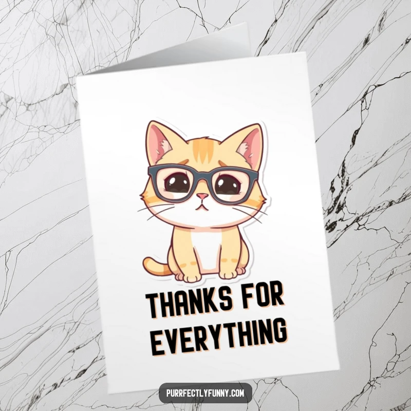 Funny Free Printable Thank You Card of a cat wearing enormous glasses, looking thoroughly perplexed.