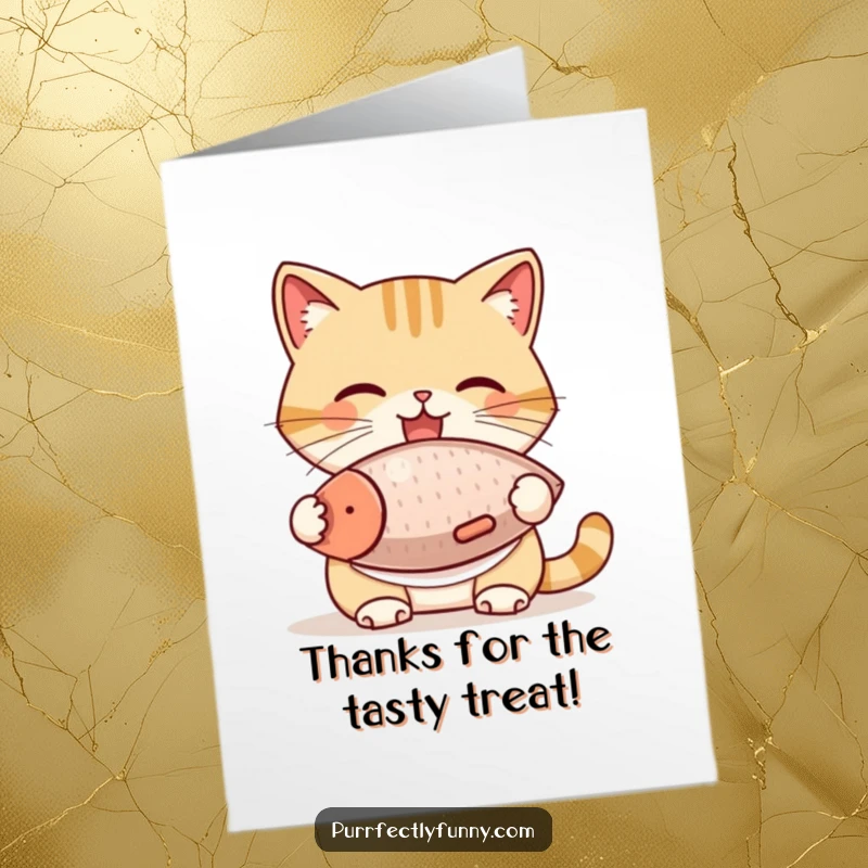 Funny Free Printable Thank You Card: A cat wearing a bib excitedly eats a massive fish, expressing thanks loudly.