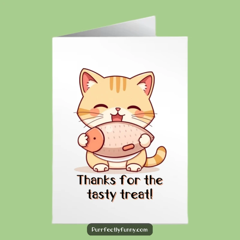 Free Printable Thank You Card: Funny Cat Gobbling Fish, Downloadable Gratitude Gift