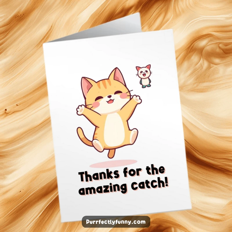 Funny Free Printable Thank You Card: A simplified cat mid-leap, paws outstretched, conveying thanks and playful gratitude, a delightful downloadable.