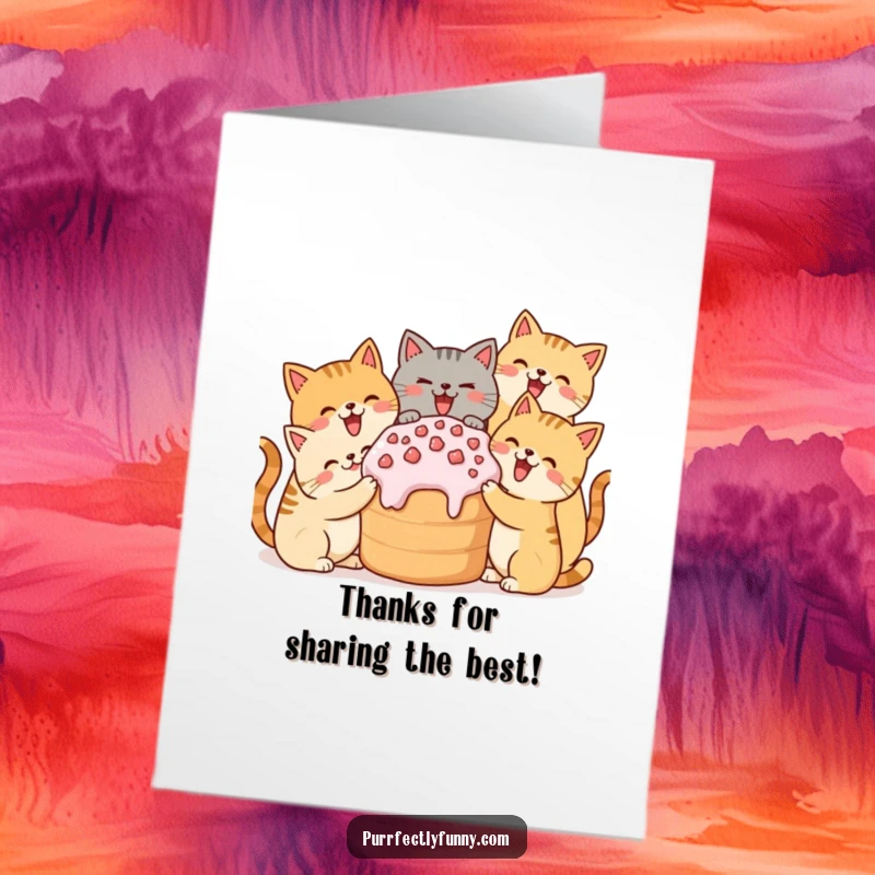 Funny Free Printable Thank You Card: A pack of happy cats enjoying a huge treat together.
