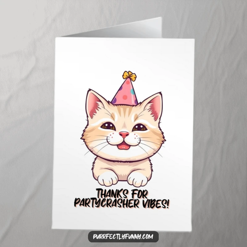 Funny Free Printable Thank You Card: A cat in a tilted party hat offers a comical grin, extending a heartfelt thank you.