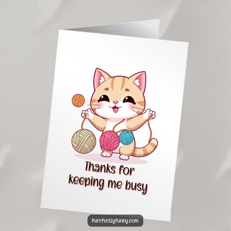 Funny Free Printable Thank You Card: A cat expertly juggling three balls of yarn, looking pleased with itself.