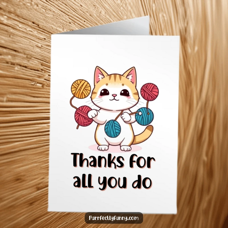 Funny Free Printable Thank You Card: A cat cleverly juggles yarn balls, using paws and tail in a delightful display of thanks.