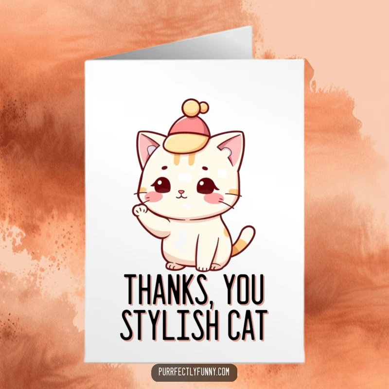 Funny Free Printable Thank You Card showing a polite cat in a small hat tipping it gracefully.