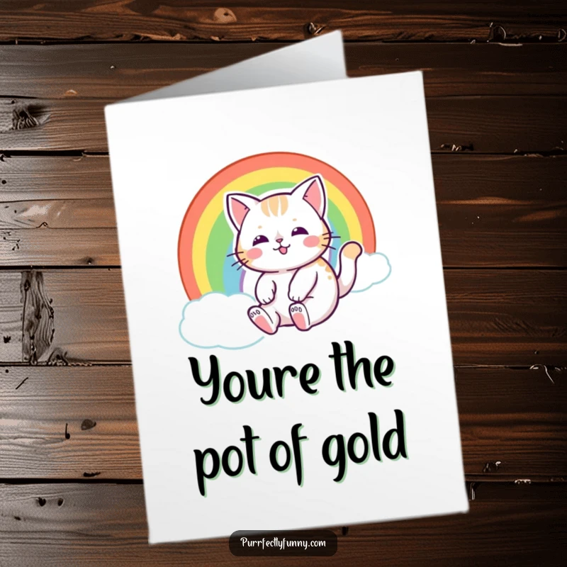 Funny Free Printable Thank You Card: A cat joyfully sliding down a vivid rainbow, a symbol of good fortune.