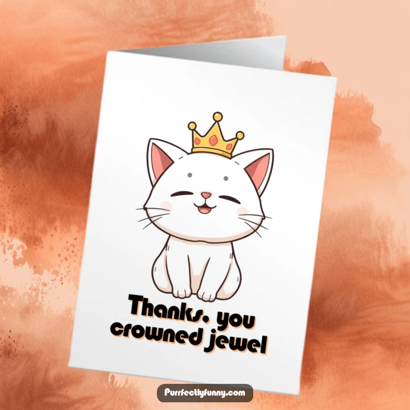 Funny Free Printable Thank You Card: A proud cat in a crown smiling, expressing thanks with regal amusement.