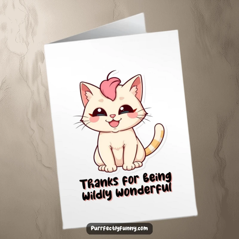 Funny Free Printable Thank You Card: Cat with a huge silly grin and tail artfully fanned out.