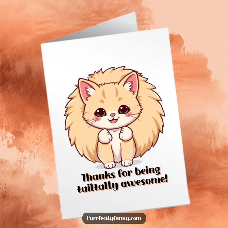 Funny Free Printable Thank You Card: A cat's comically happy smile peeks out from behind a massive, fluffy tail, a cute downloadable.