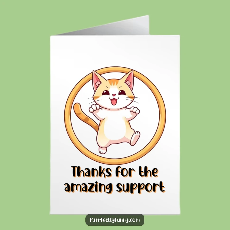 Free Printable Thank You Card: Triumphant Cat Hoop Jump Funny Downloadable