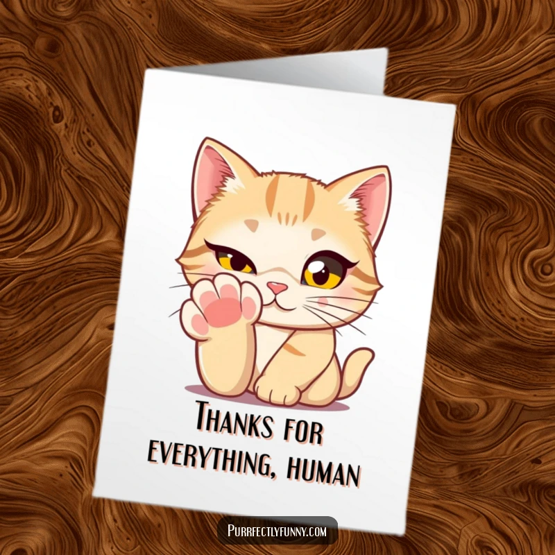 Funny Free Printable Thank You Card: A cat with enormous eyes gives a secret wink from behind a paw.