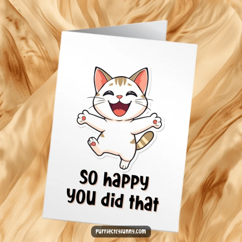 Funny Free Printable Thank You Card: A cat in mid-leap with an enormous smile, conveying pure delight.