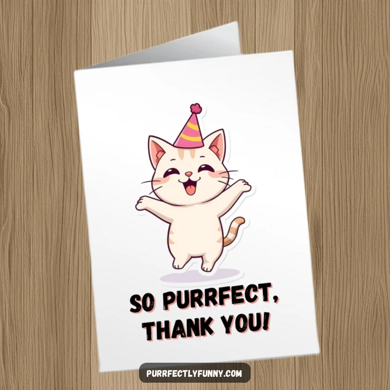Funny Free Printable Thank You Card: A cat wearing a small party hat, bouncing energetically with a happy expression.