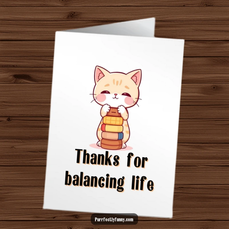 Funny Free Printable Thank You Card: A funny cat struggling to balance wobbly items while saying thanks.