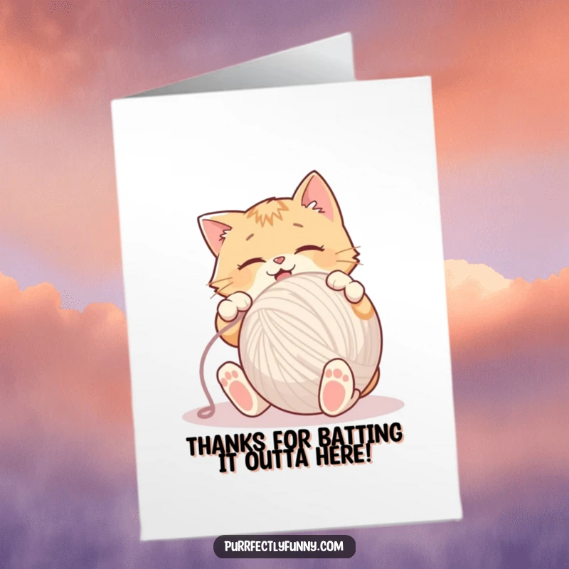 Funny Free Printable Thank You Card: Enthusiastic cat tangled in a massive yarn ball, expressing thanks with playful chaos.