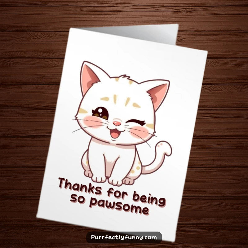 Funny Free Printable Thank You Card: A clever cat winks playfully with a wagging tail, expressing sincere thanks.