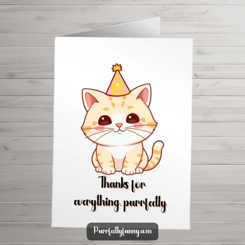Funny Free Printable thank you card: A cat in a party hat with a comically long whisker, expressing thanks with humor.
