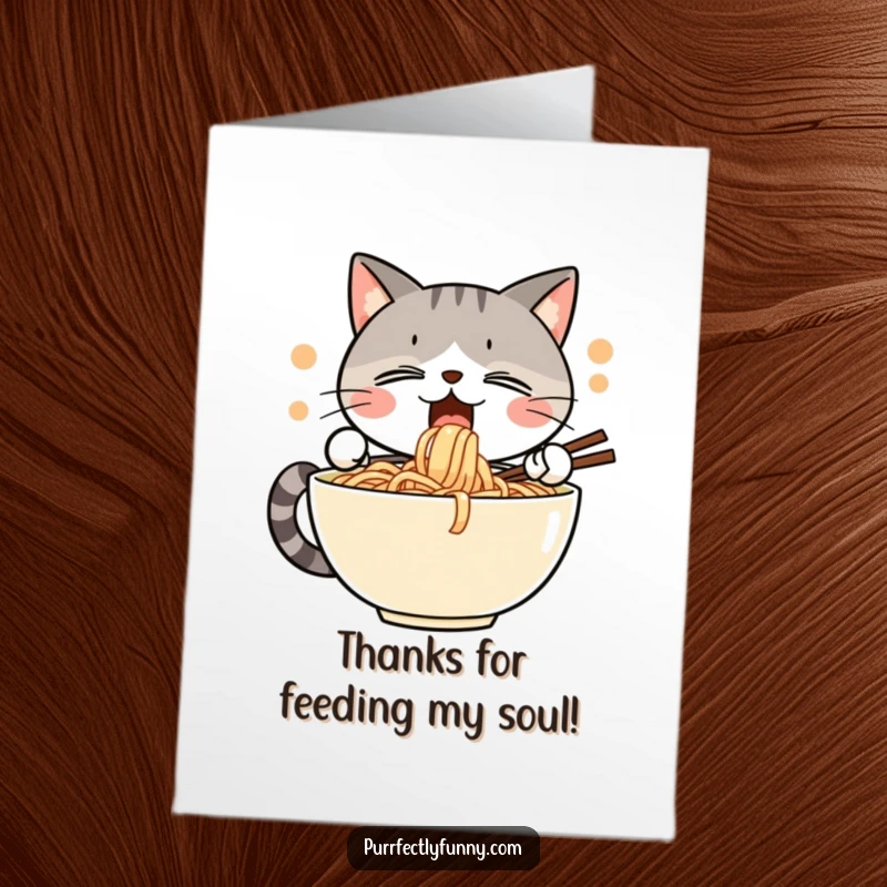 Funny Free Printable Thank You Card: Cat slurps giant noodle bowl happily, perfect DIY funny downloadable gift for thanks.