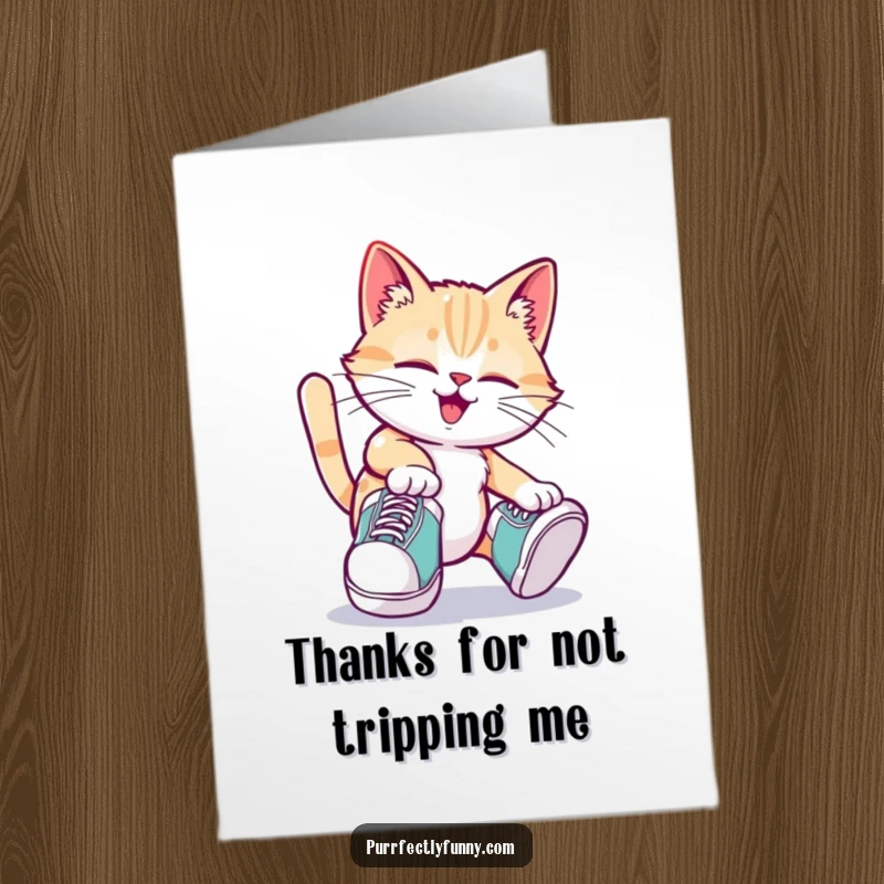 Funny Free Printable Thank You Card: a cat humorously trips while wearing comically oversized shoes.