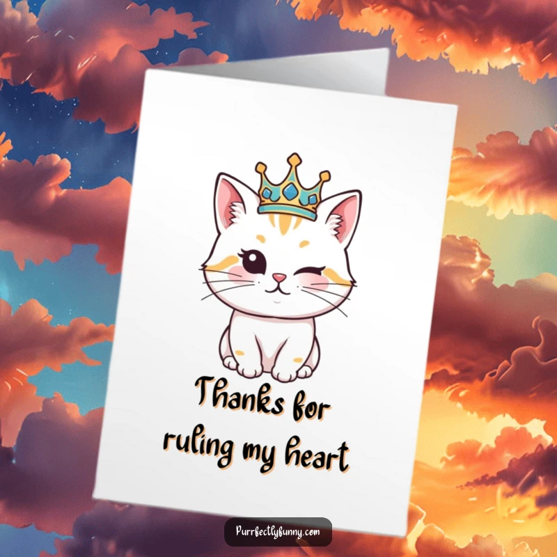 Funny Free Printable Thank You Card: A majestic cat wearing a crown, giving a cheeky wink to express thanks humorously.