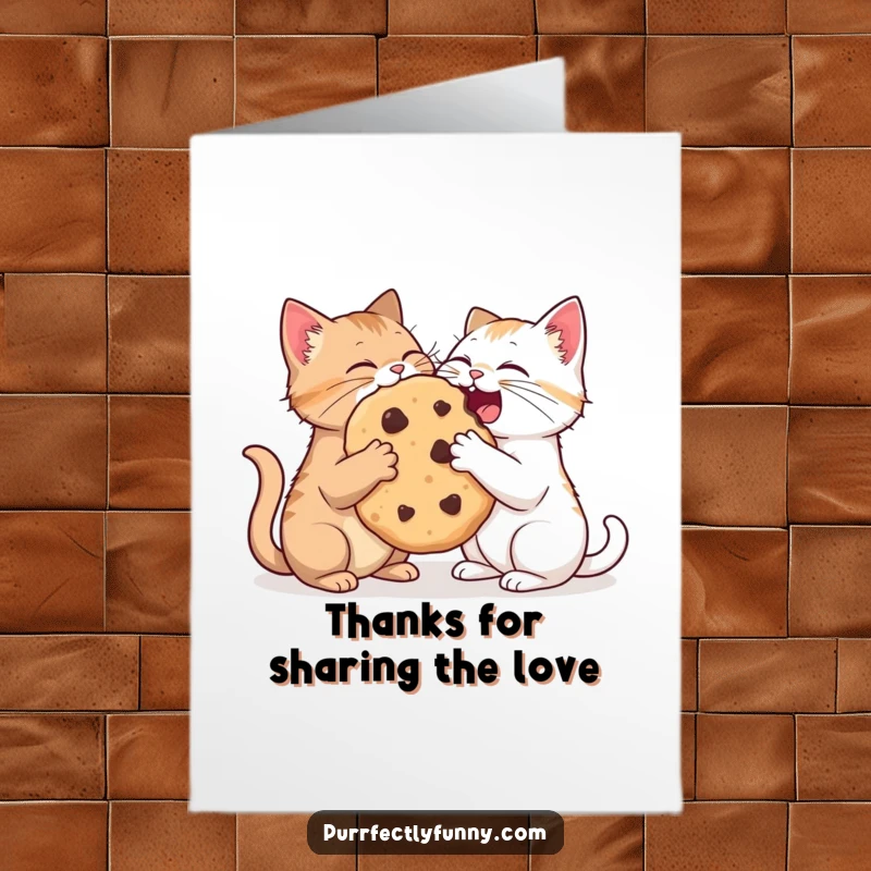 Funny free printable thank you card featuring two adorable cats sharing a giant cookie. So much gratitude!