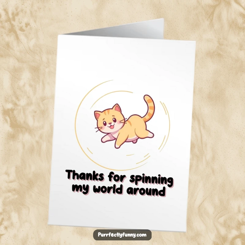 Funny Free Printable Thank You Card: A cat happily spinning in a dizzy spiral, chasing its tail to express thanks humorously.