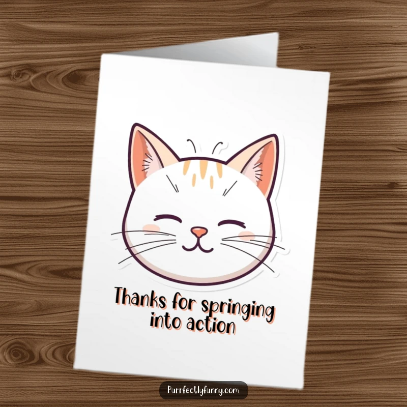 Funny Free Printable Thank You Card with a cat head design, its whiskers comically resembling small, bouncy springs.