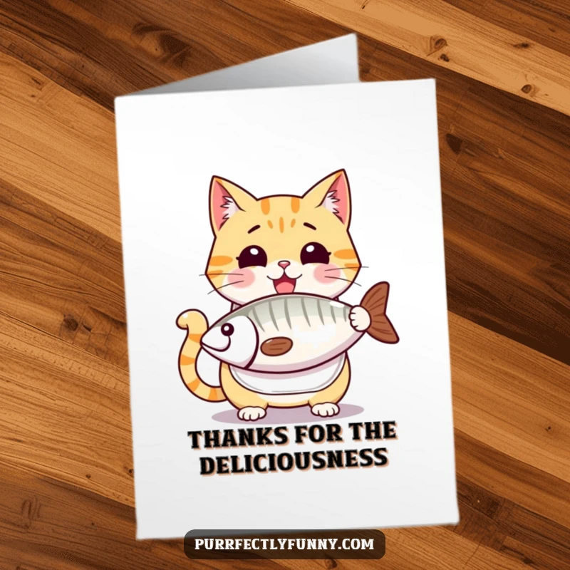 Funny Free Printable Thank You Card: Cat in a bib with a huge fish, showing pure joy, a downloadable thank you for any occasion.