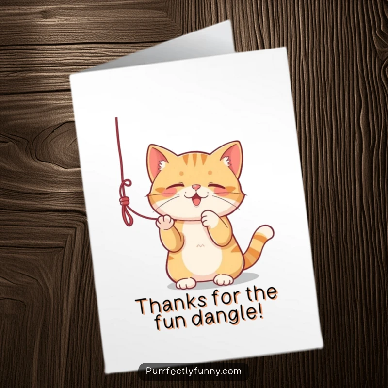 Funny Free Printable Thank You Card: A cat playfully attacks a dangling string, expressing playful gratitude.