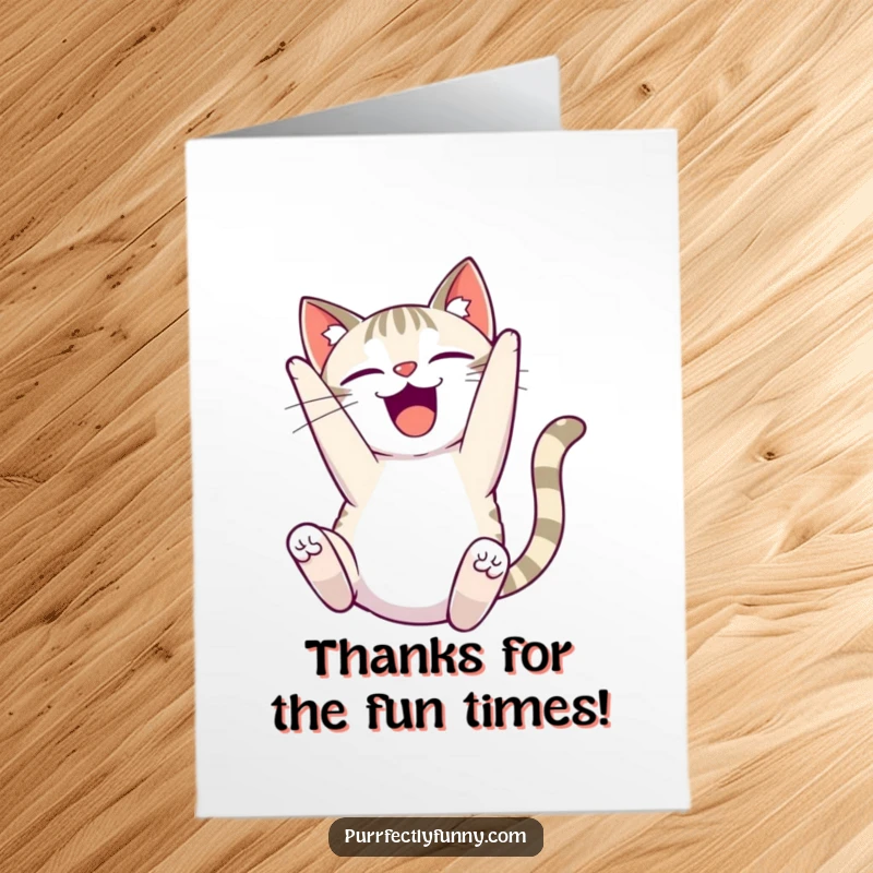 Funny Free Printable Thank You Card: A cat joyfully performing a comical somersault, expressing extreme happiness.