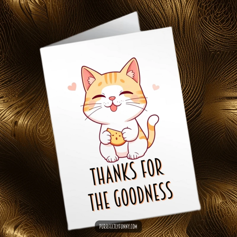 Funny Free Printable Thank You Card: Cat character playfully smacking its lips, awaiting a delicious snack.