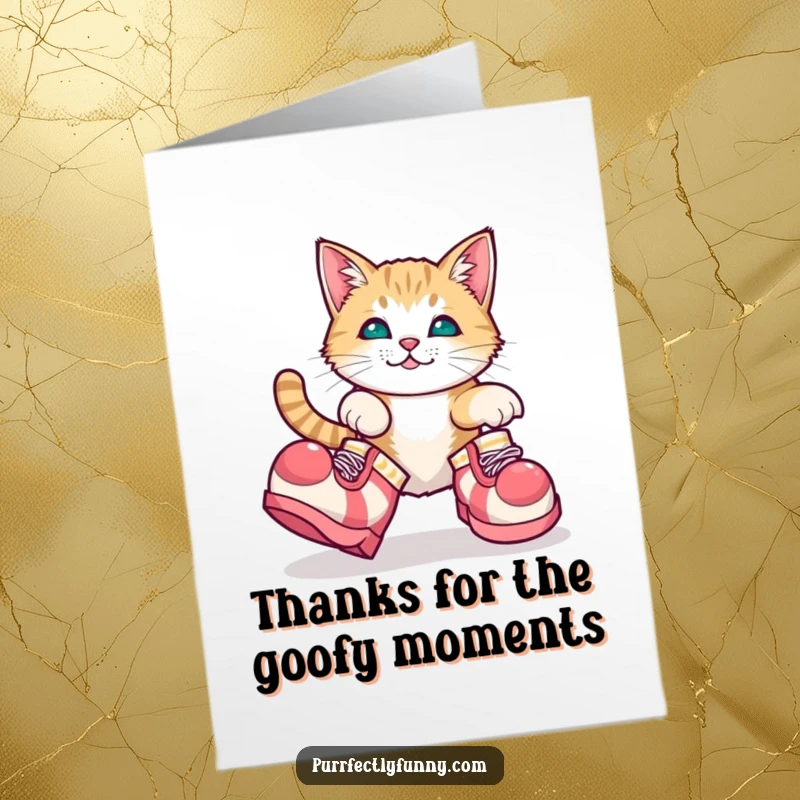 Funny free printable thank you card depicting a cat tripping adorably while sporting oversized clown shoes. So charmingly klutzy!
