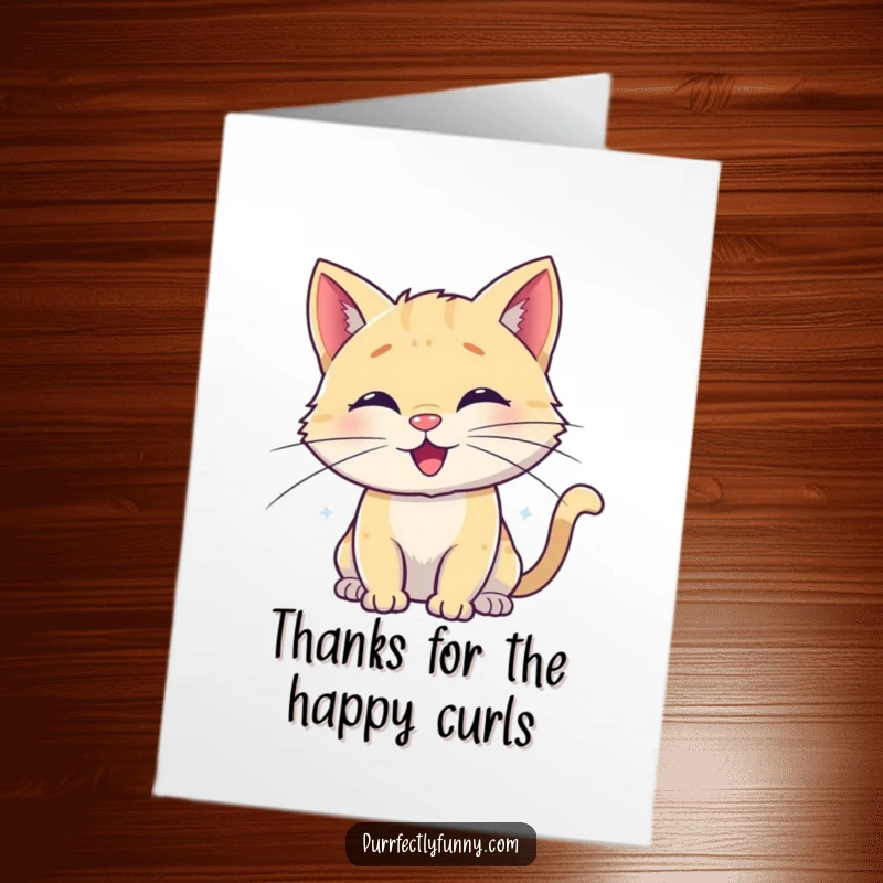 Funny Free Printable Thank You Card with a content cat whose whiskers are charmingly curled into happy, whimsical spirals.
