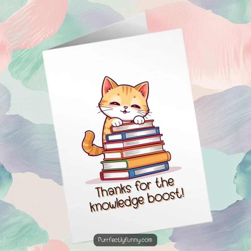 Funny Free Printable Thank You Card: A cat wobbles precariously with a tall stack of books, a quirky thank you.
