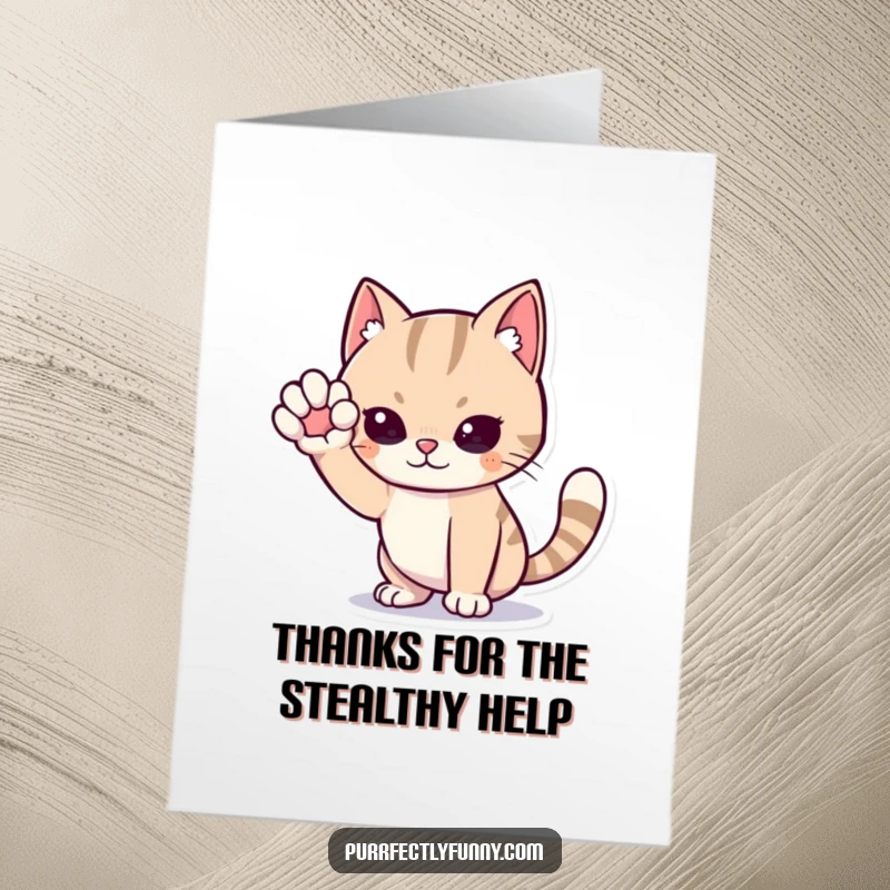 Funny Free Printable Thank You Card: Cat pretending to sneak, paw raised high, a comical way to say thanks, downloadable art.