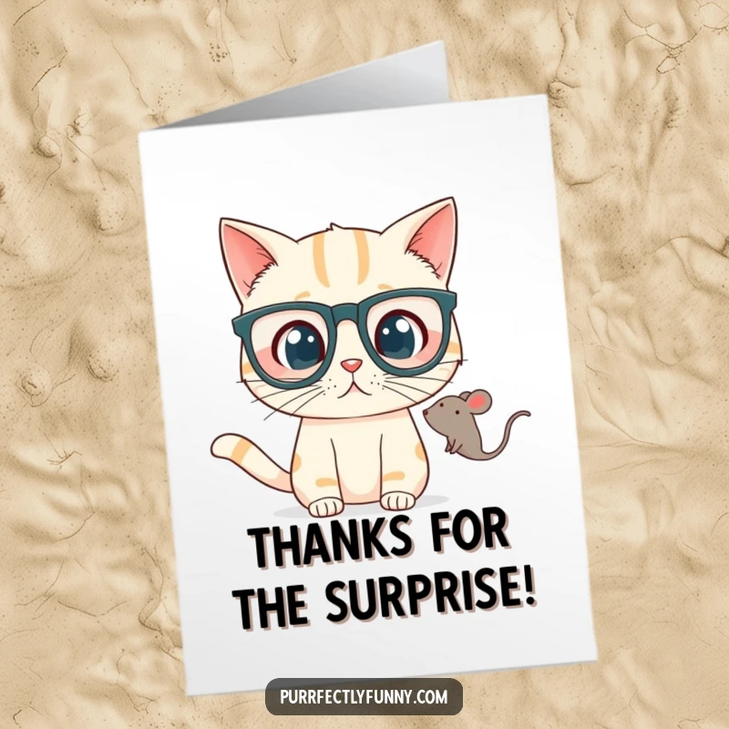 Funny free printable thank you card: a cat wearing huge glasses looks utterly surprised by a floating toy mouse.