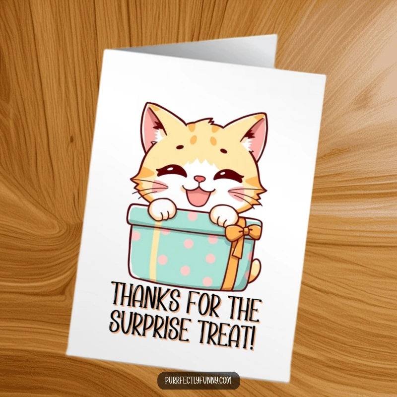 Funny Free Printable Thank You Card: Mischievous cat hides behind present, perfect DIY funny downloadable gift for thanks.