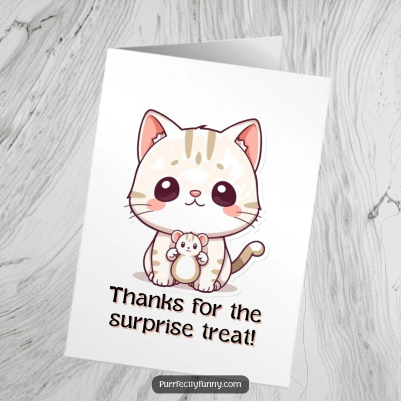 Funny Free Printable Thank You Card: A cat’s startled face after a toy mouse pops out unexpectedly.