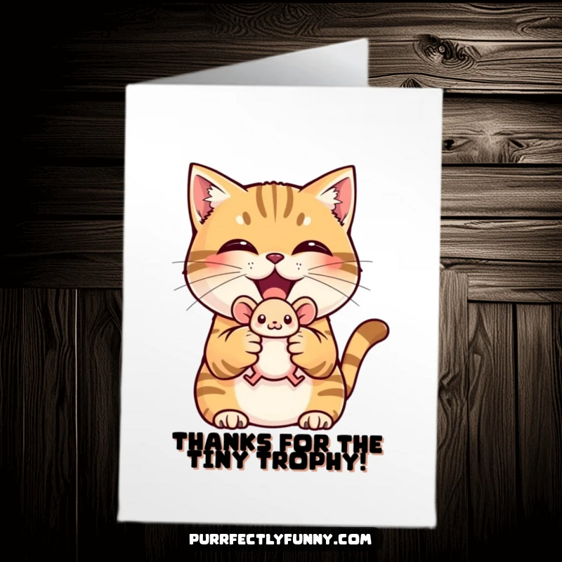 Funny Free Printable Thank You Card: A cat proudly displays a tiny toy mouse, a symbol of its 'catch'.
