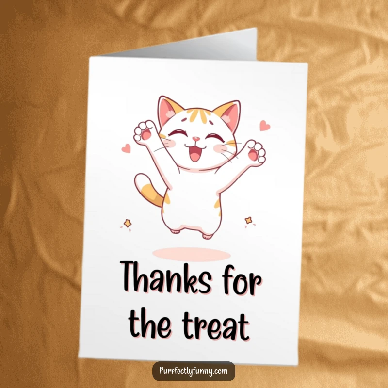 Funny Free Printable Thank You Card: Cat character leaping enthusiastically with paws forward, expressing gratitude.