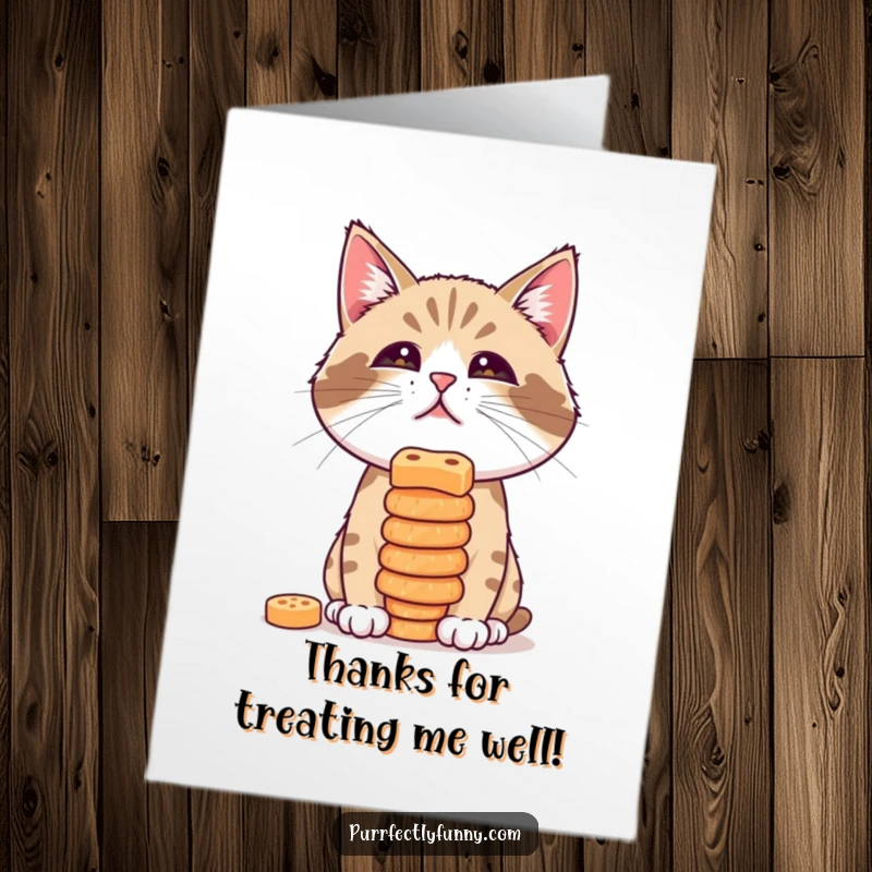 Funny Free Printable Thank You Card: A cat concentrating hard to balance a stack of treats on its nose, a charming downloadable.