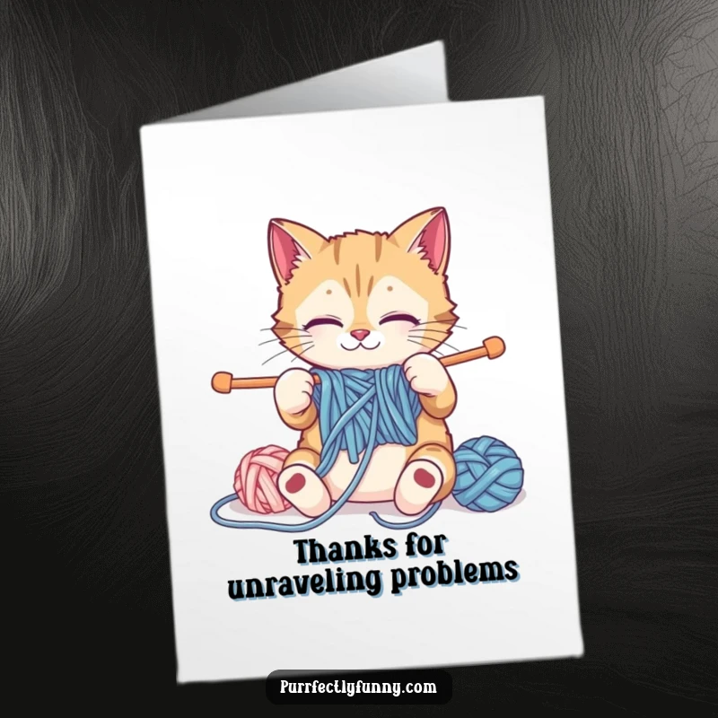 Funny Free Printable Thank You Card: a cat is hilariously overwhelmed by oversized yarn and knitting needles.